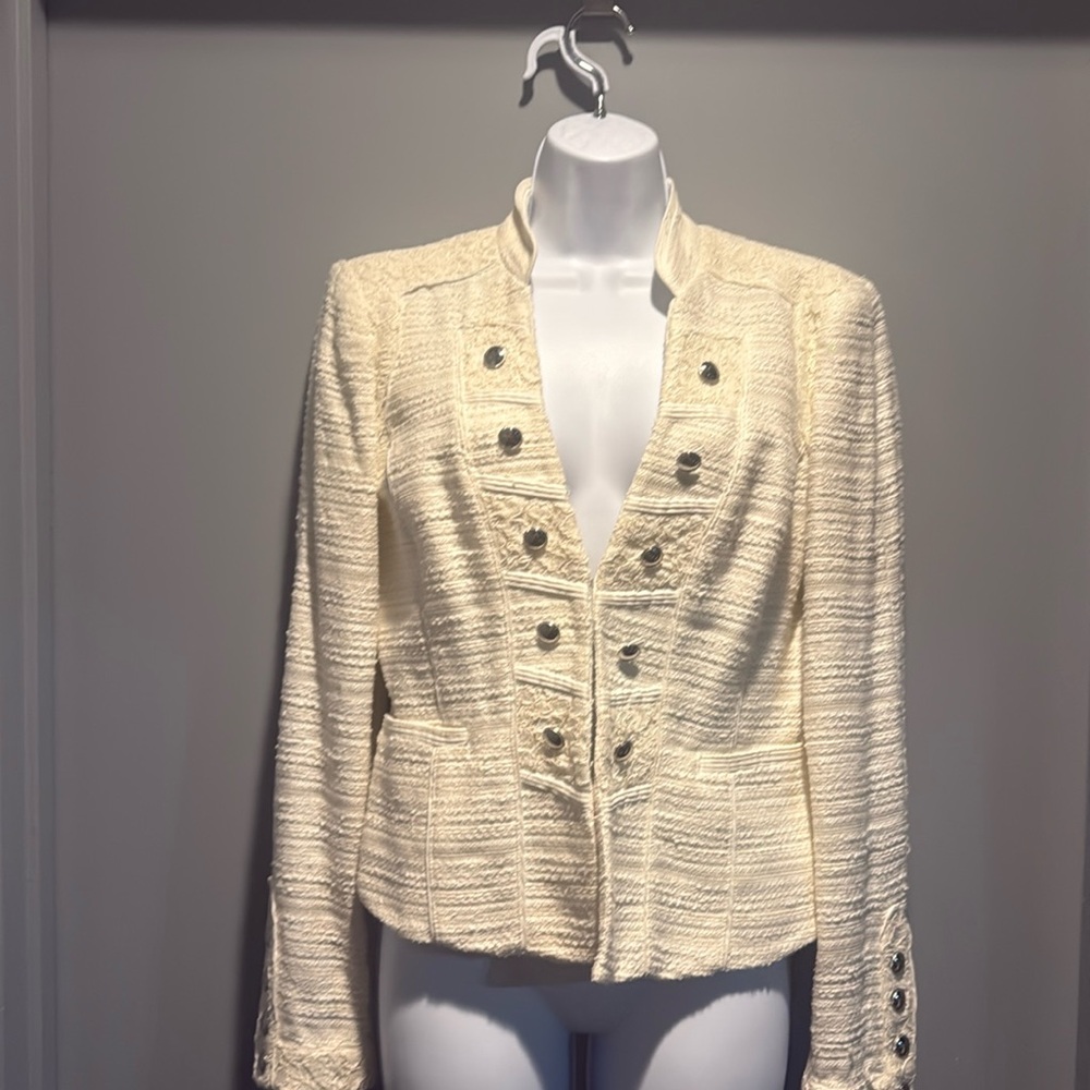 White House Black Market Tweed Military JCKT Silver threads & hook closures EUC
